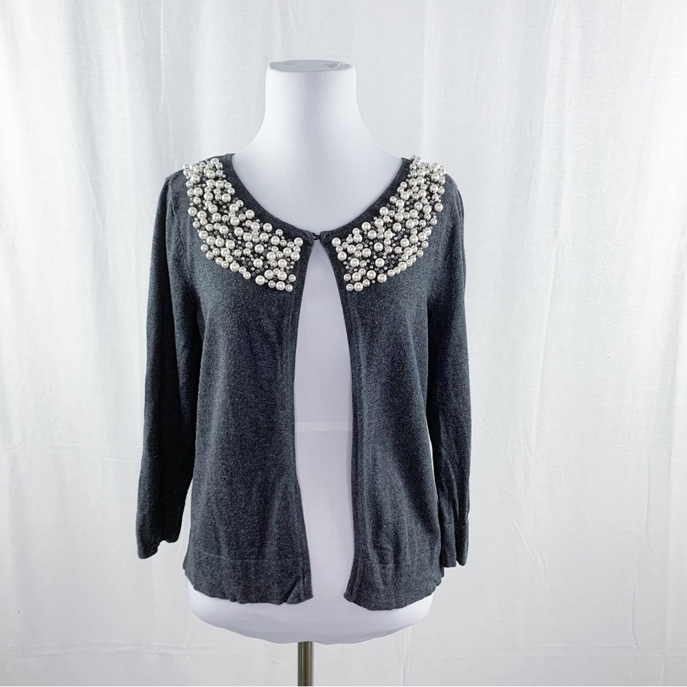 Jana gray crew neck cardigan sweater pearl embellishment